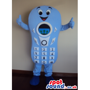 Blue Mobile Cell Phone Mascot With Big Keys And Face - Custom