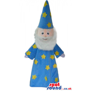 Wizard with a long white beard wearing a blue tunic with yellow