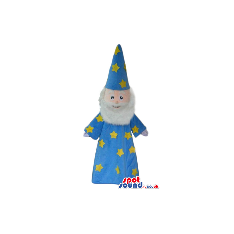 Wizard with a long white beard wearing a blue tunic with yellow