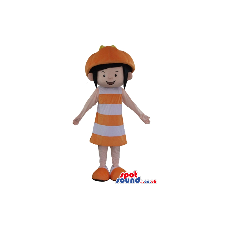Girl with short black hair wearing an orange hat and a striped