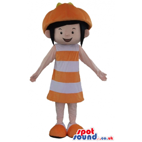 Girl with short black hair wearing an orange hat and a striped