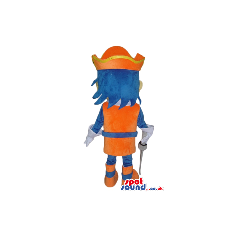 Blue-haired knight wearing an orange and blue armour, orange