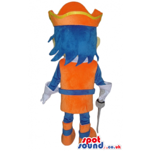 Blue-haired knight wearing an orange and blue armour, orange