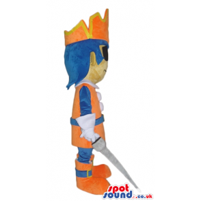 Blue-haired knight wearing an orange and blue armour, orange