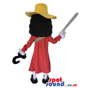 Captain hook wearing a red suit and a yellow pirate hat -