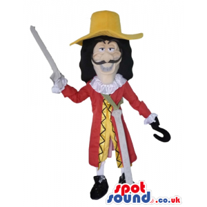 Captain hook wearing a red suit and a yellow pirate hat -