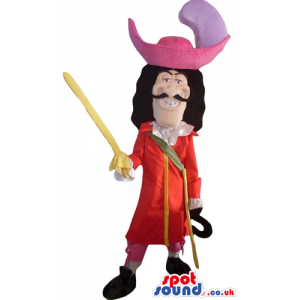 Captain hook wearing a red suit and a pink pirate hat with a