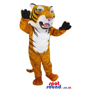 Tiger Mascot With Teeth, Jaws And White Belly And Black Stripes