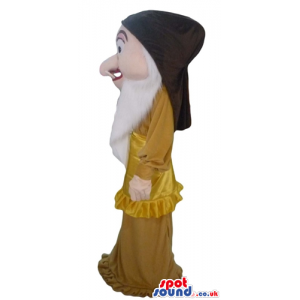 Witch with a long nose and white hair wearing a long golden