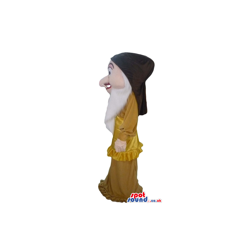 Witch with a long nose and white hair wearing a long golden
