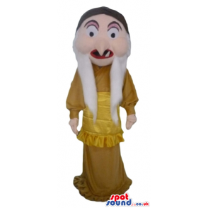 Witch with a long nose and white hair wearing a long golden