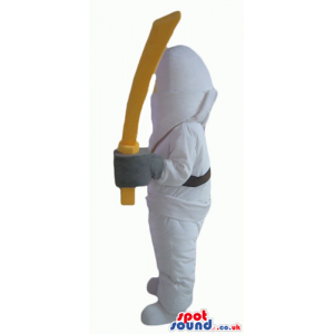 Ninja lego man wearing a white suit and holding a yellow sword
