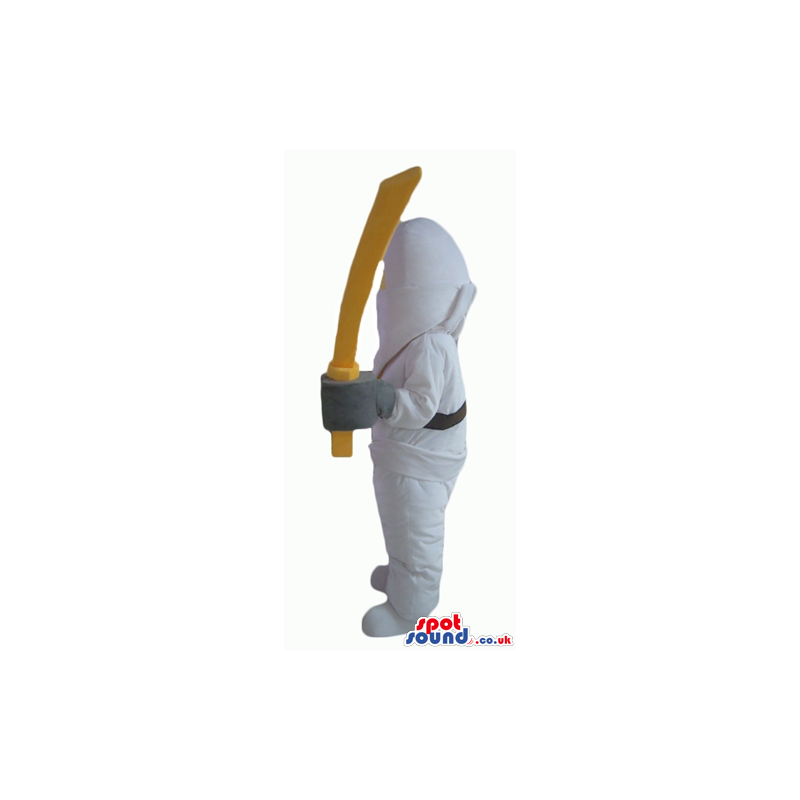 Ninja lego man wearing a white suit and holding a yellow sword