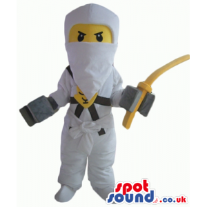 Ninja lego man wearing a white suit and holding a yellow sword