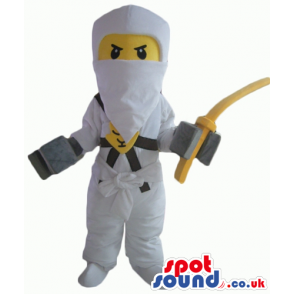 Ninja lego man wearing a white suit and holding a yellow sword