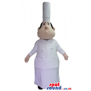 Fat chef with a small hed wearing a white chef's hat, a white
