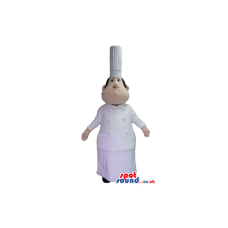 Fat chef with a small hed wearing a white chef's hat, a white