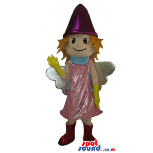 Smiling fairy wearing a pink dress, a violet hat, yellow gloves