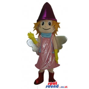 Smiling fairy wearing a pink dress, a violet hat, yellow gloves