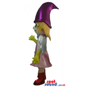 Smiling fairy wearing a pink dress, a violet hat, yellow gloves