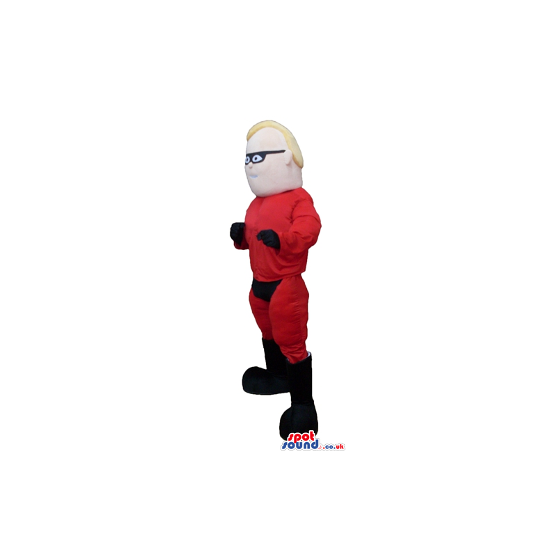Blond muscleous super hero wearing a red and black suit and a