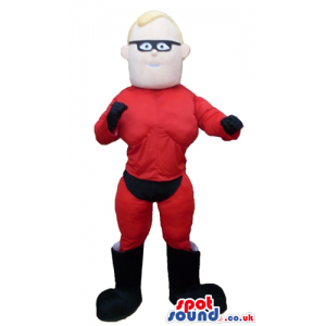 Blond muscleous super hero wearing a red and black suit and a