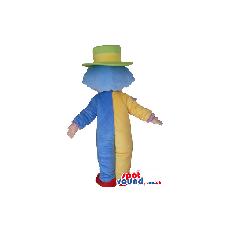 Clown with light-blue hair wearing a green and yellow hat, a