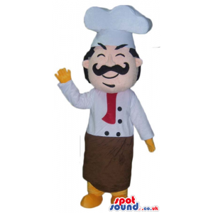 Chef with long black moustaches wearing a white chef's hat, a