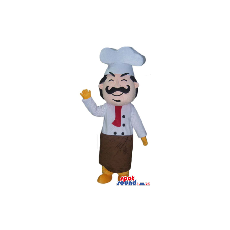 Chef with long black moustaches wearing a white chef's hat, a