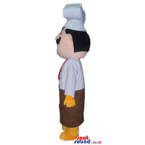 Chef with long black moustaches wearing a white chef's hat, a