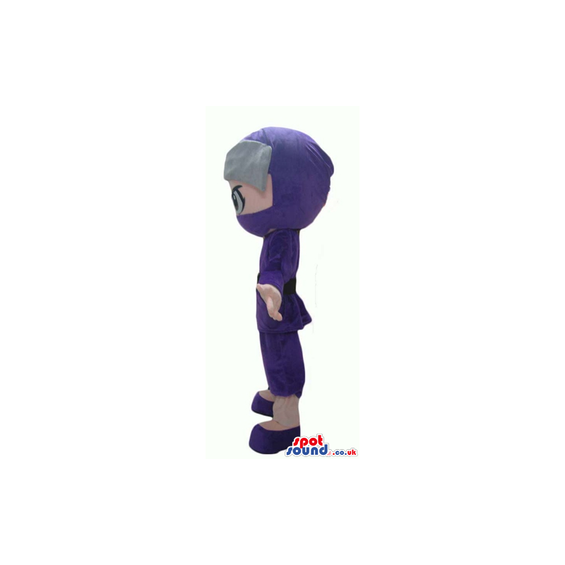 Ninja boy with big eyes wearing a violet suit, violet shoes and