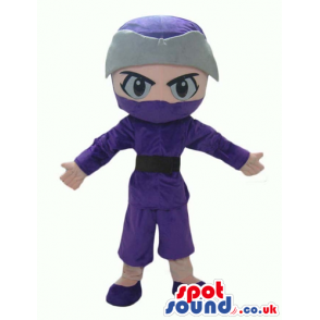 Ninja boy with big eyes wearing a violet suit, violet shoes and
