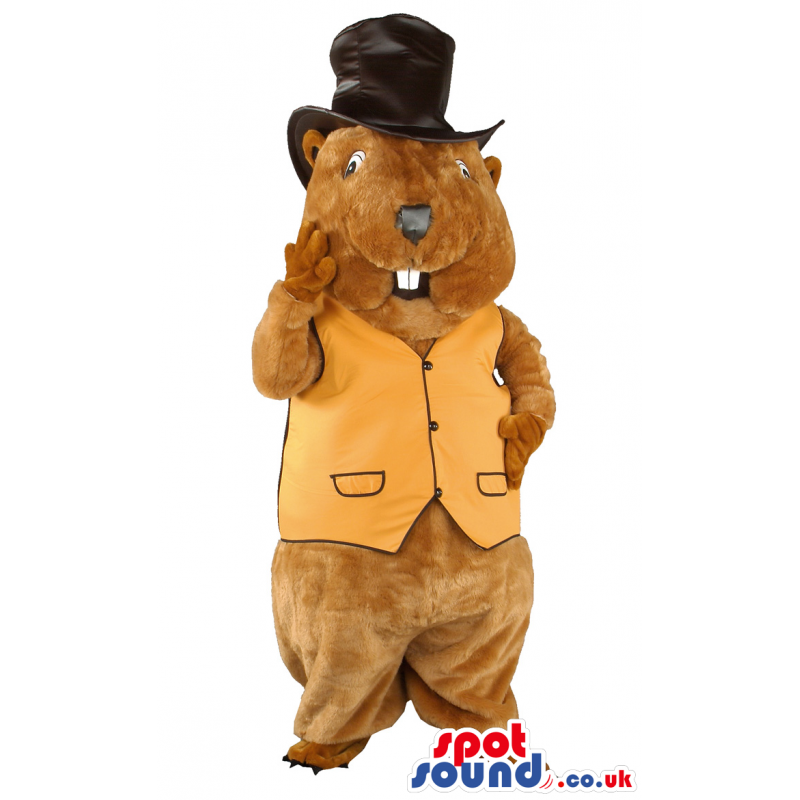 Brown Groundhog Animal Mascot With Black Top Hat And Yellow