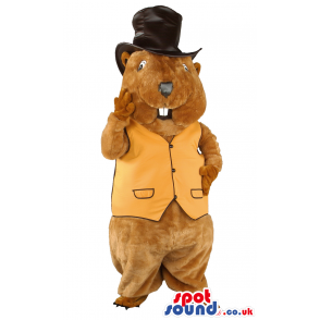 Brown Groundhog Animal Mascot With Black Top Hat And Yellow