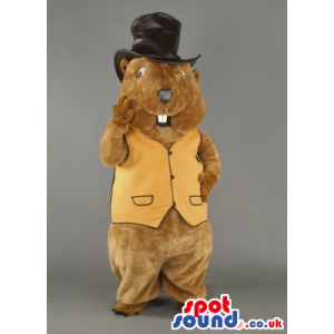 Brown Groundhog Animal Mascot With Black Top Hat And Yellow