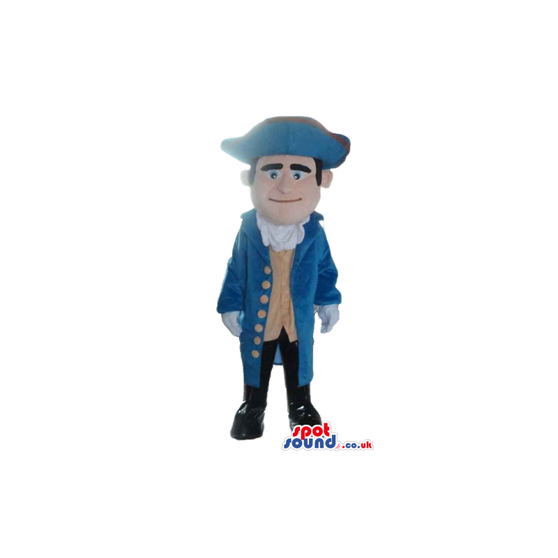 Man wearing a blue hat, a blue coat with yellow buttons, a