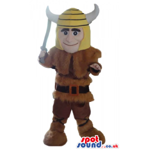 Smiling viking wearing a yellow helmet with white horns, a