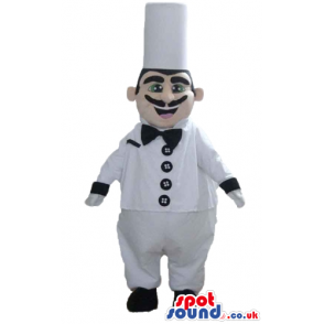 Fat chef with a black moustache wearing a white jacket with