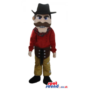 Cow boy with blue eyes and thick brown moustache wearing a red