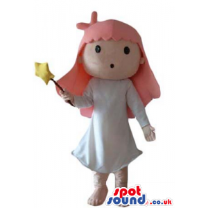 Girl with long pink hair and a white dress holding a magic wand