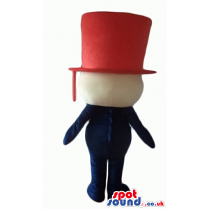 Man with big blue eyes wearing a huge red tophat, a blue suit