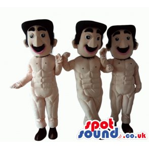 Three naked men with moustache and black shoes - Custom Mascots