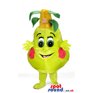 Lemon Fruit Mascot With Red Cheeks And Big Eyes And Leaves -