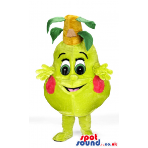 Lemon Fruit Mascot With Red Cheeks And Big Eyes And Leaves -