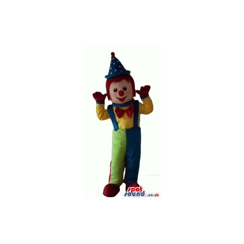 Clown with a big red nose wearing blue and green trousers, a