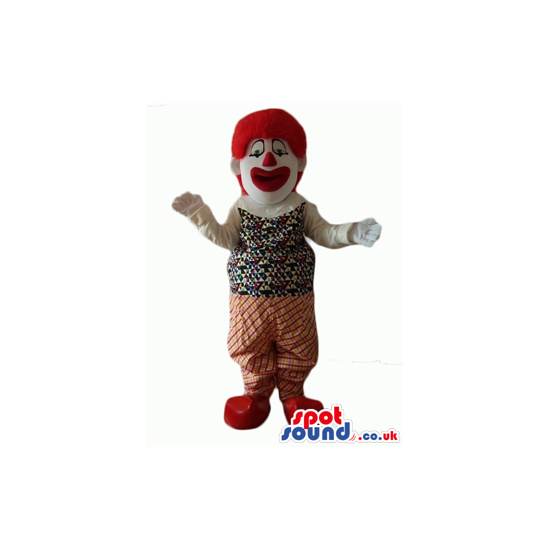 Clown with big eyes, a big red nose and curly red hair wearing