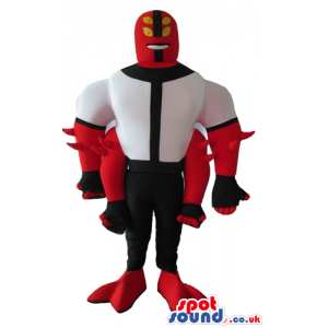 Superhero with four arms wearing a black, red and black suit
