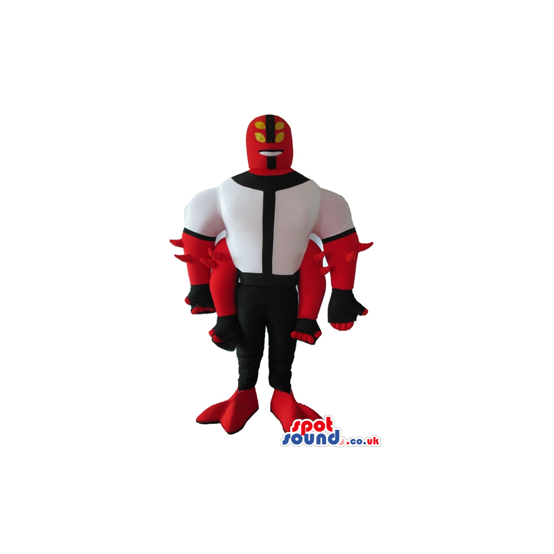 Superhero with four arms wearing a black, red and black suit