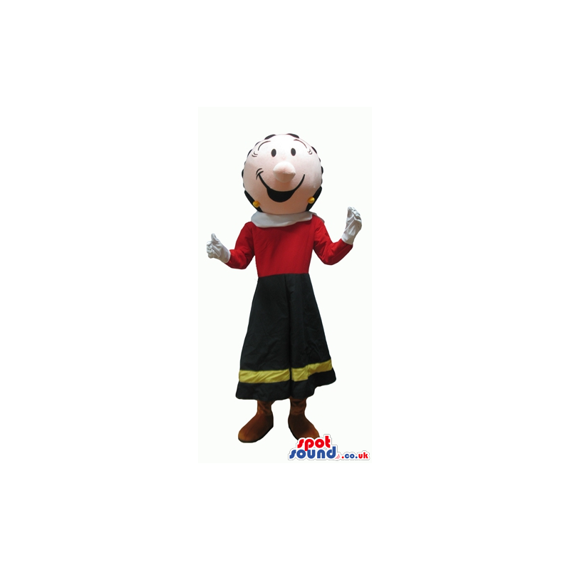 Olive oyl wearing a long black fand yellow skirt and a red