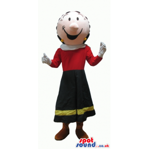 Olive oyl wearing a long black fand yellow skirt and a red